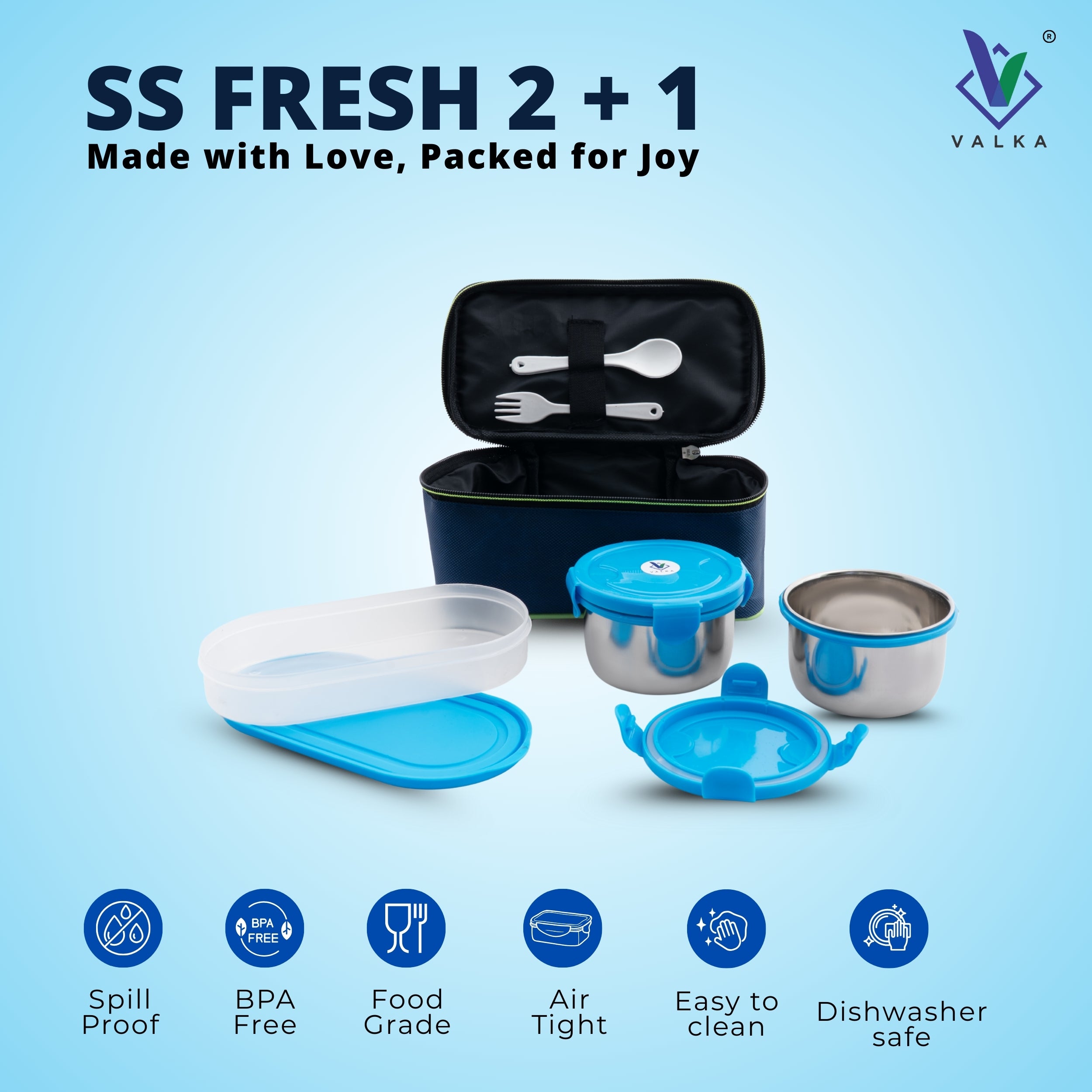 Valka SS Fresh 2+1 Lunchbox 3 Containers Lunch Box  (1300 ml, Thermoware)