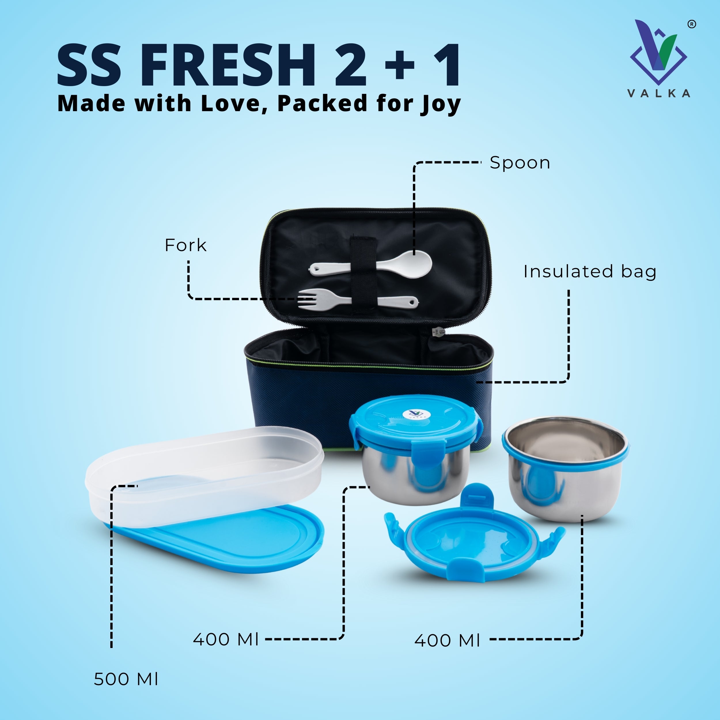 Valka SS Fresh 2+1 Lunchbox 3 Containers Lunch Box  (1300 ml, Thermoware)